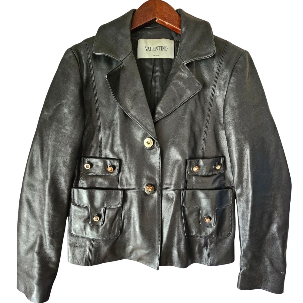 VALENTINO‎ Women's Jacket Embellished BLACK Leather Rockstud Blazer Size 8 TP01